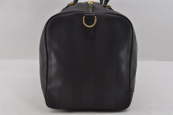 Authentic FENDI Pequin Pattern PVC Leather 2Way Travel Boston Bag Black 0661I