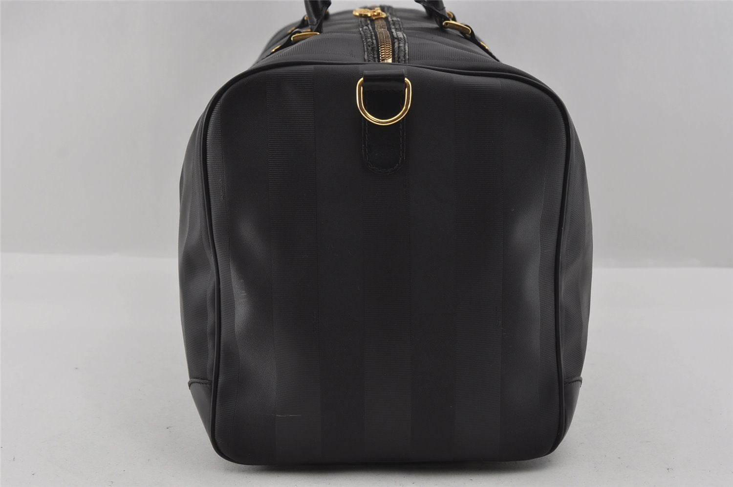 Authentic FENDI Pequin Pattern PVC Leather 2Way Travel Boston Bag Black 0661I