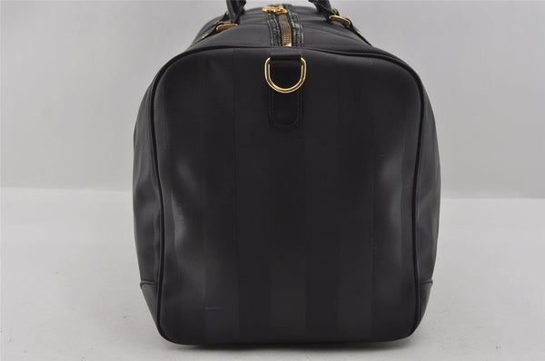 Authentic FENDI Pequin Pattern PVC Leather 2Way Travel Boston Bag Black 0661I