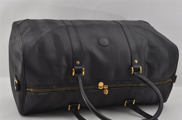 Authentic FENDI Pequin Pattern PVC Leather 2Way Travel Boston Bag Black 0661I