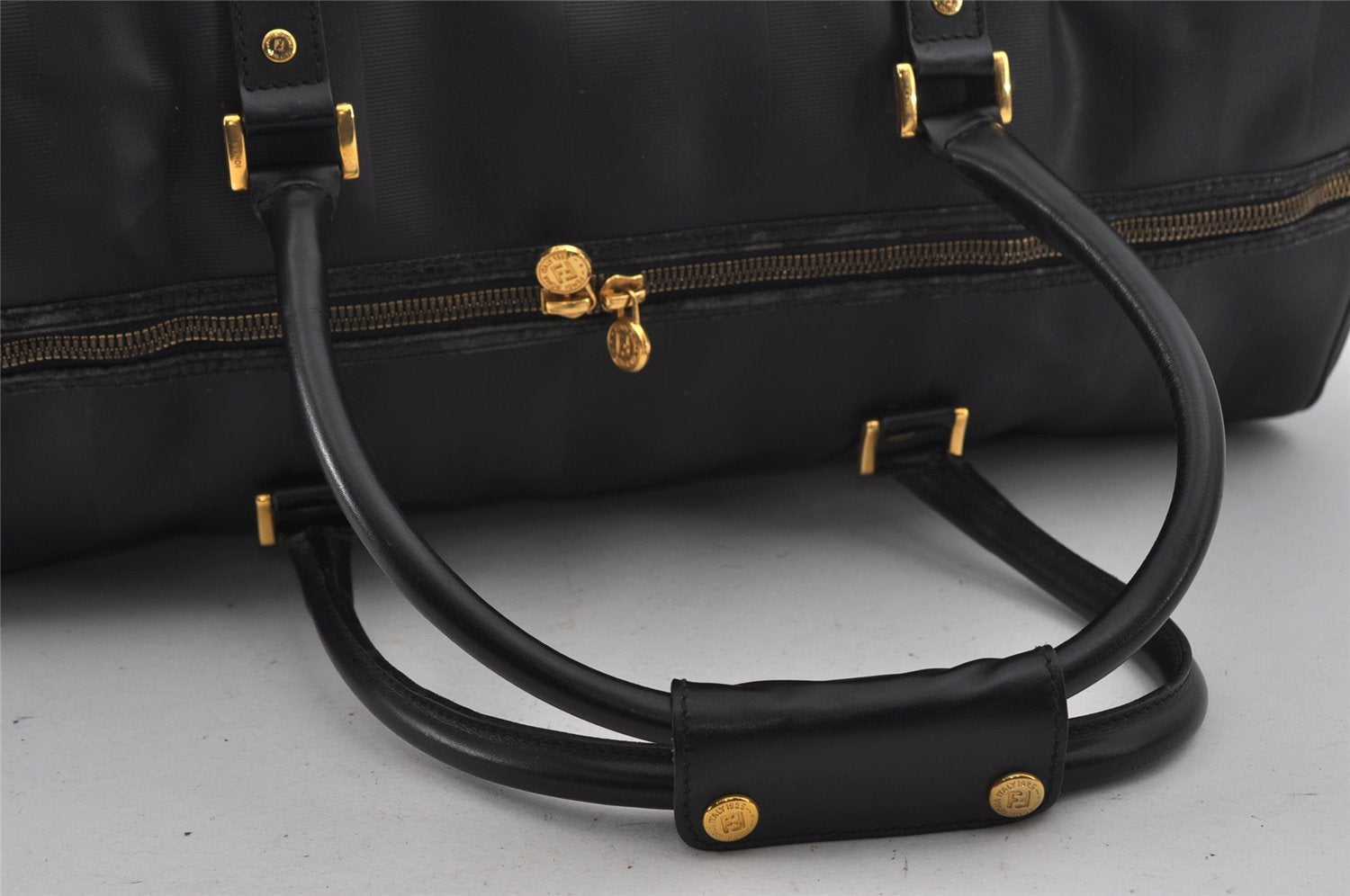 Authentic FENDI Pequin Pattern PVC Leather 2Way Travel Boston Bag Black 0661I