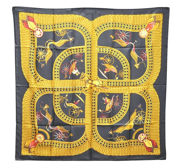 Authentic HERMES Carre 90 Scarf "VOITURES PANIERS" Silk Black Paper Bag 0674D