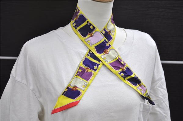 Authentic HERMES Twilly Scarf "Camails" Silk Yellow Purple 0679D