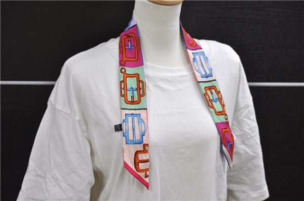 Authentic HERMES Twilly Scarf "BOUCLERIE D'ATTELAGE" Silk Pink Blue 0680D