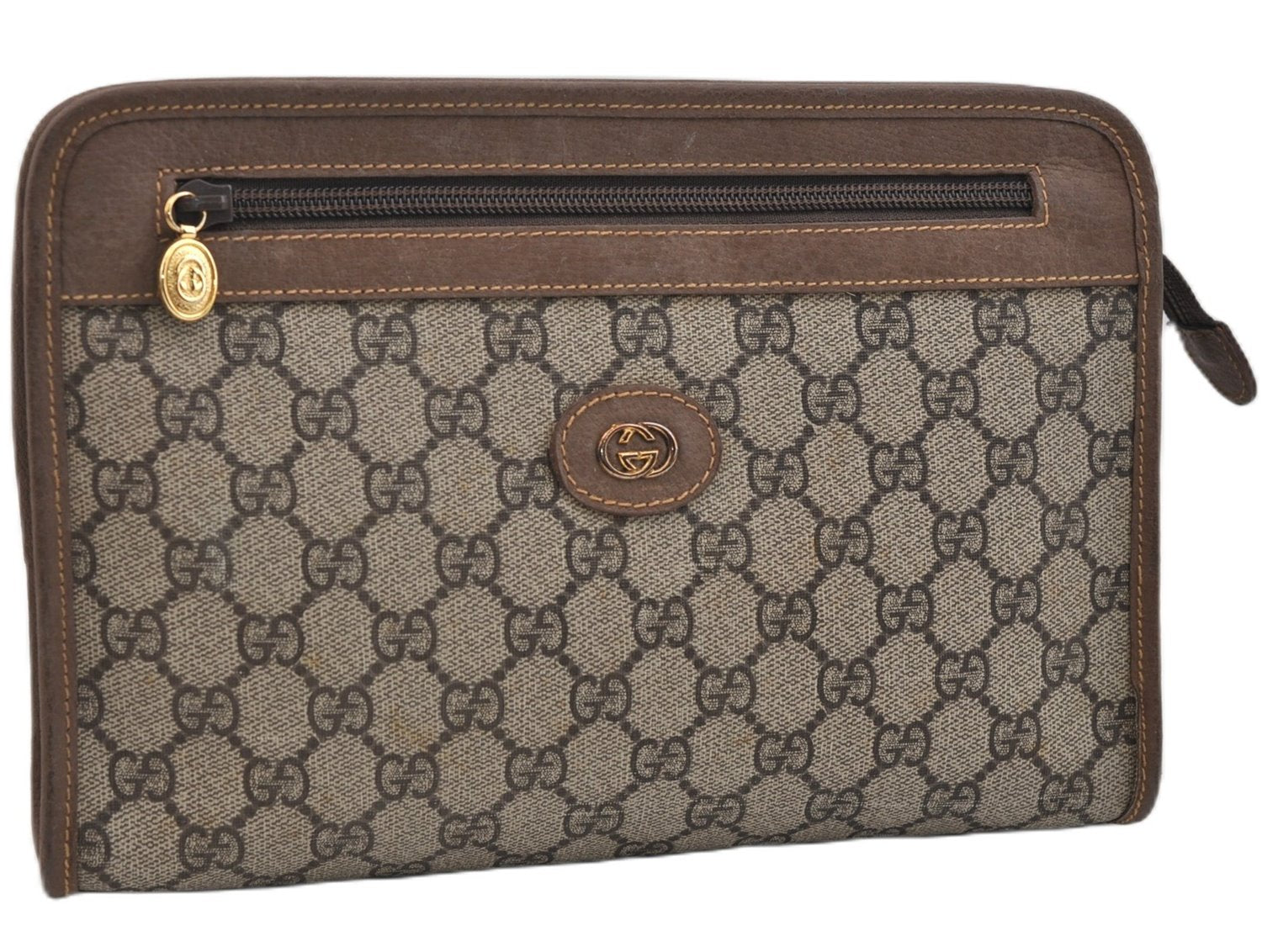 Authentic GUCCI Vintage Clutch Hand Bag Purse GG PVC Leather Brown 0700F