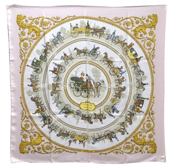 Authentic HERMES Carre 90 Scarf "LA PROMENADE DE LONGCHAMPS" Silk Pink Box 0736E