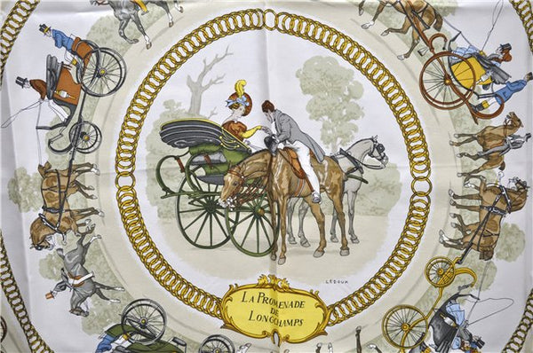 Authentic HERMES Carre 90 Scarf "LA PROMENADE DE LONGCHAMPS" Silk Pink Box 0736E