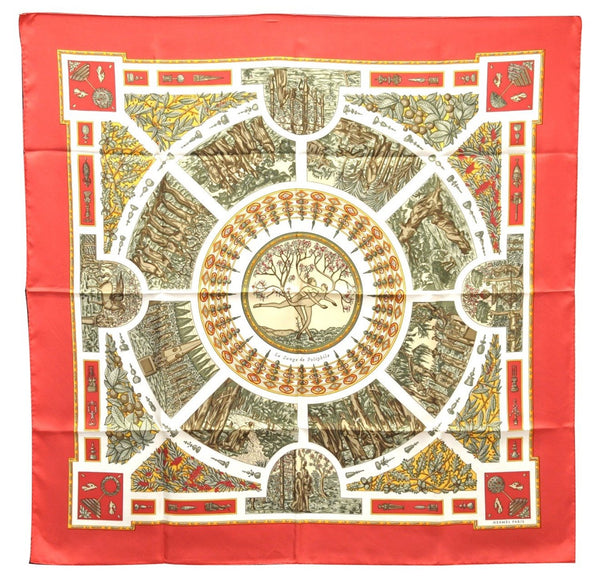 Authentic HERMES Carre 90 Scarf "le songe de poliphile" Silk Red Box 0737E