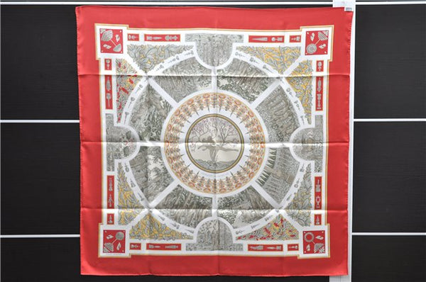 Authentic HERMES Carre 90 Scarf "le songe de poliphile" Silk Red Box 0737E