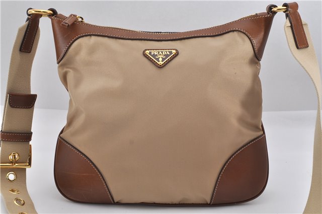 Authentic PRADA Nylon Tessuto Leather Shoulder Cross Body Bag Beige 0744F