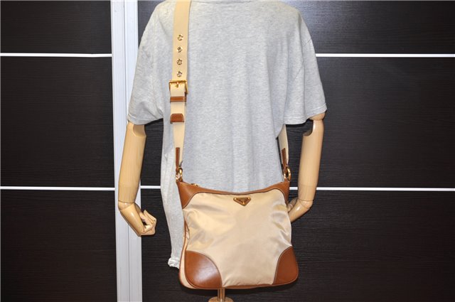 Authentic PRADA Nylon Tessuto Leather Shoulder Cross Body Bag Beige 0744F