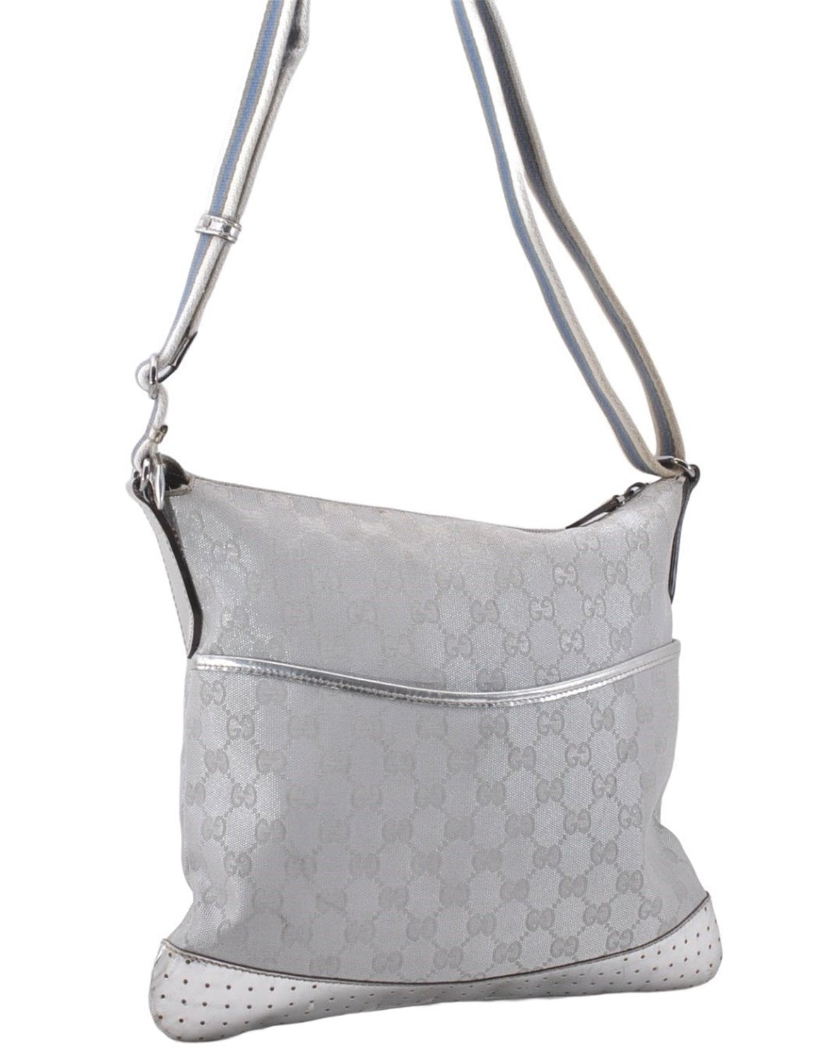 Authentic GUCCI Shoulder Cross Body Bag GG Canvas Leather 145857 Silver 0748F
