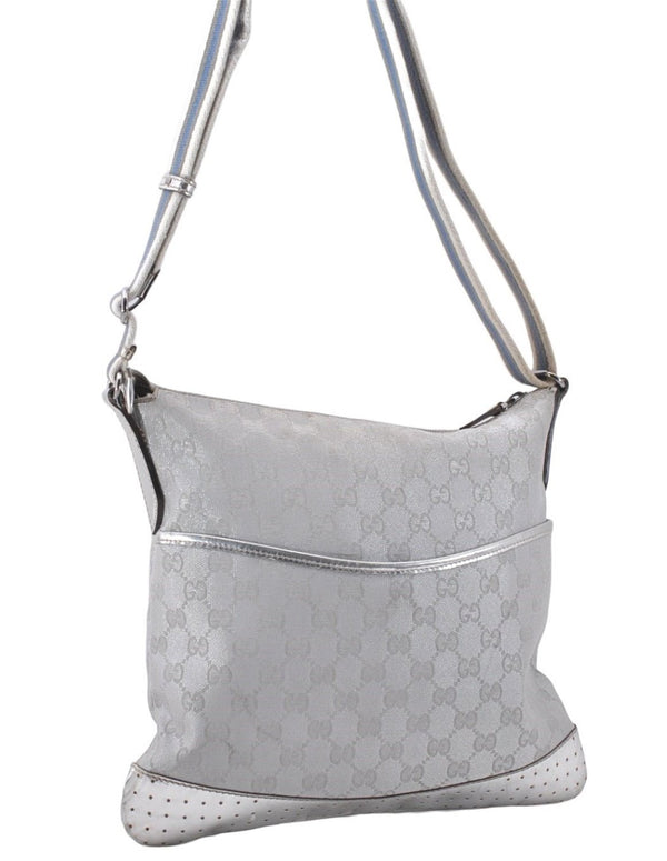 Authentic GUCCI Shoulder Cross Body Bag GG Canvas Leather 145857 Silver 0748F