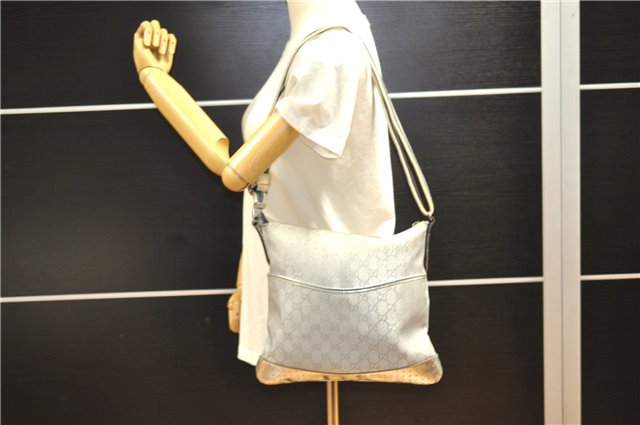 Authentic GUCCI Shoulder Cross Body Bag GG Canvas Leather 145857 Silver 0748F
