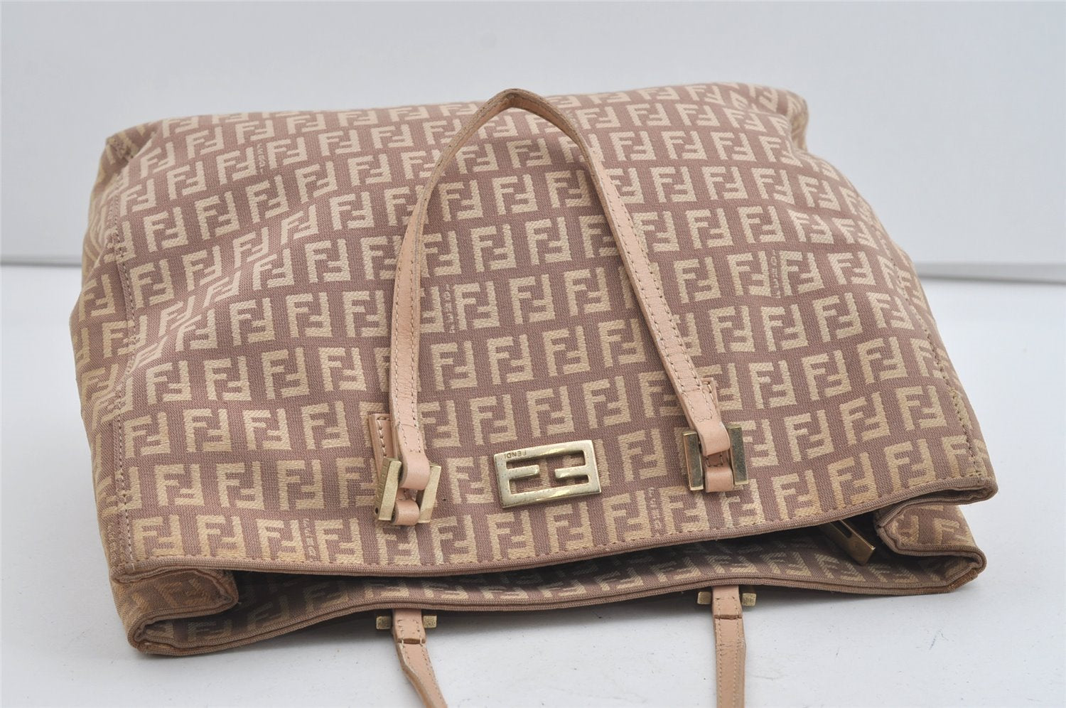 Authentic FENDI Vintage Zucchino Hand Bag Purse Canvas Leather Pink 0781I
