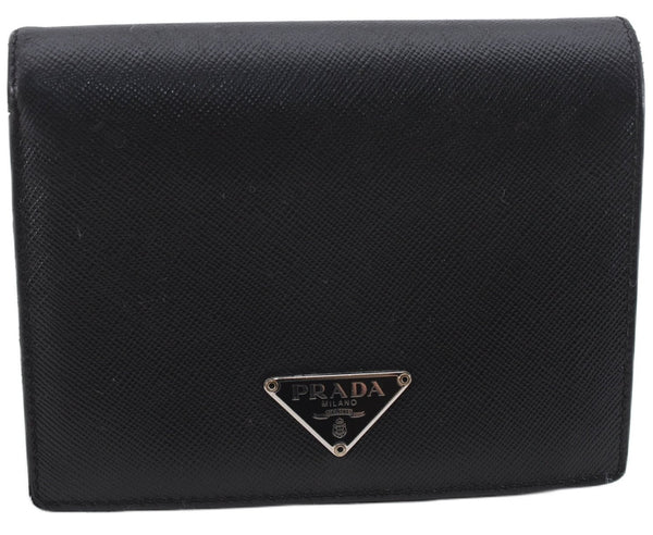 Authentic PRADA Saffiano Vintage Leather Bifold Wallet Purse Black 0803F