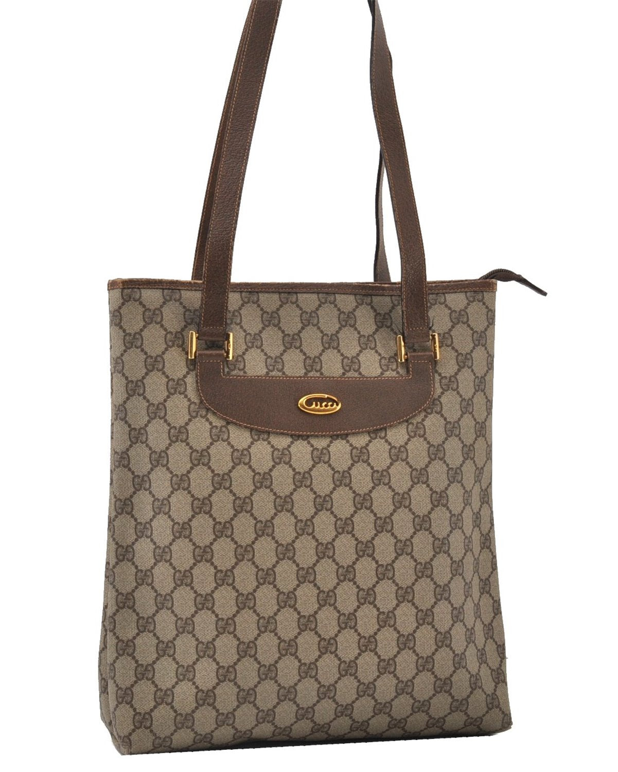 Authentic GUCCI Vintage Shoulder Tote Bag GG PVC Leather Brown 0825G