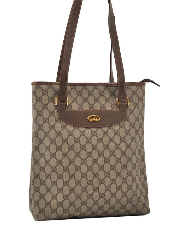 Authentic GUCCI Vintage Shoulder Tote Bag GG PVC Leather Brown 0825G