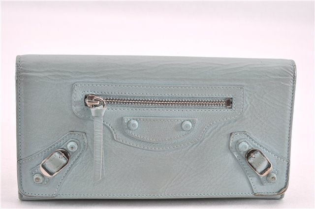 Authentic BALENCIAGA Classic Money Long Wallet Leather 163471 Light Blue 0828G