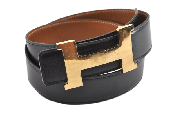 Authentic HERMES Large Constance Leather Belt Size 90cm 35.4" Black Brown 0829G