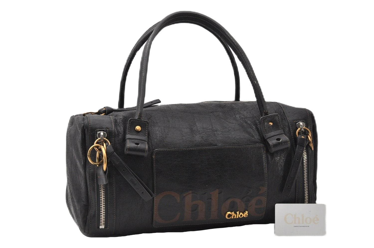 Authentic Chloe Eclipse Vintage Hand Boston Bag Leather Black 0833G