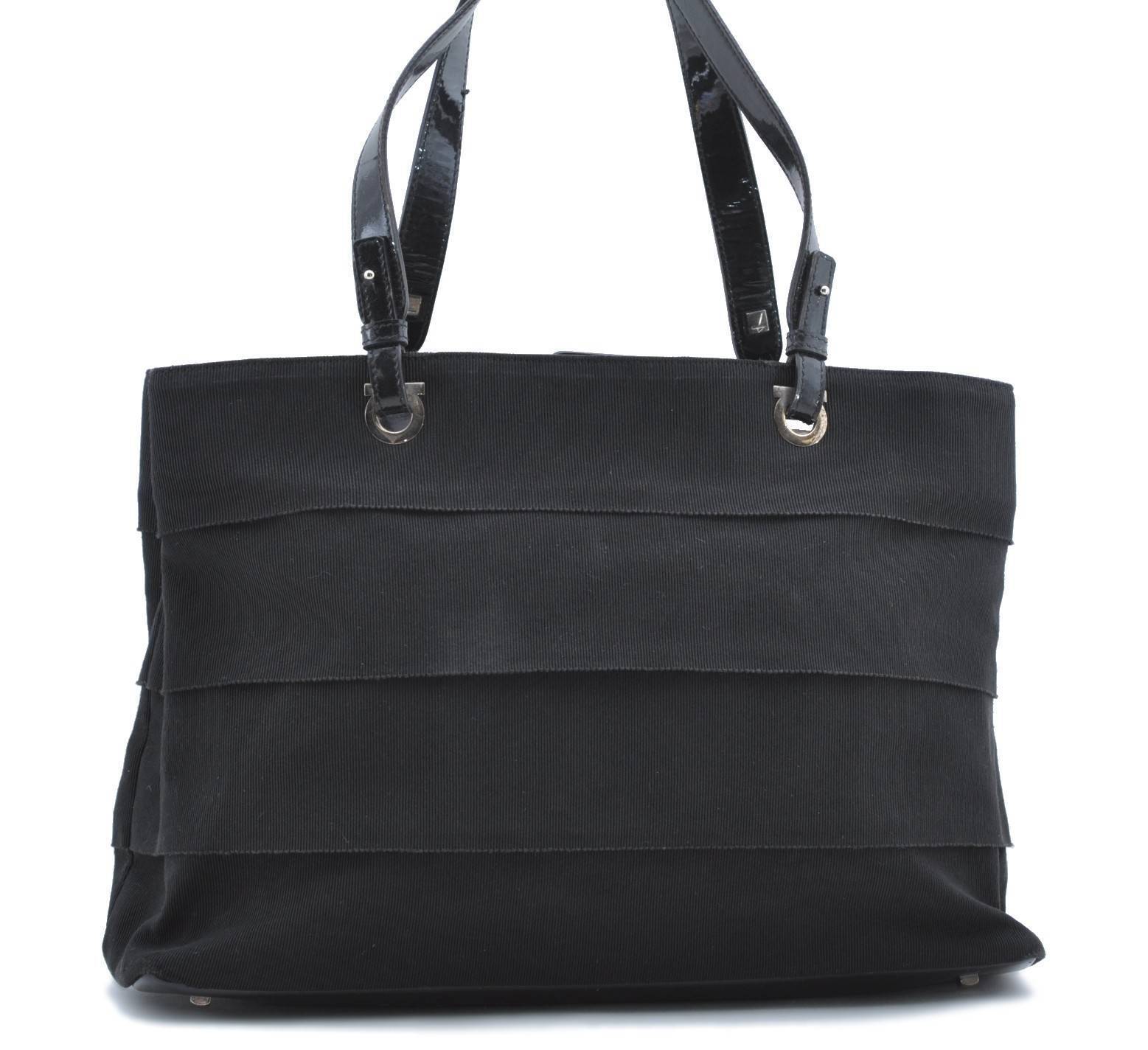 Authentic Salvatore Ferragamo Nylon Enamel Shoulder Hand Bag Purse Black 0834C