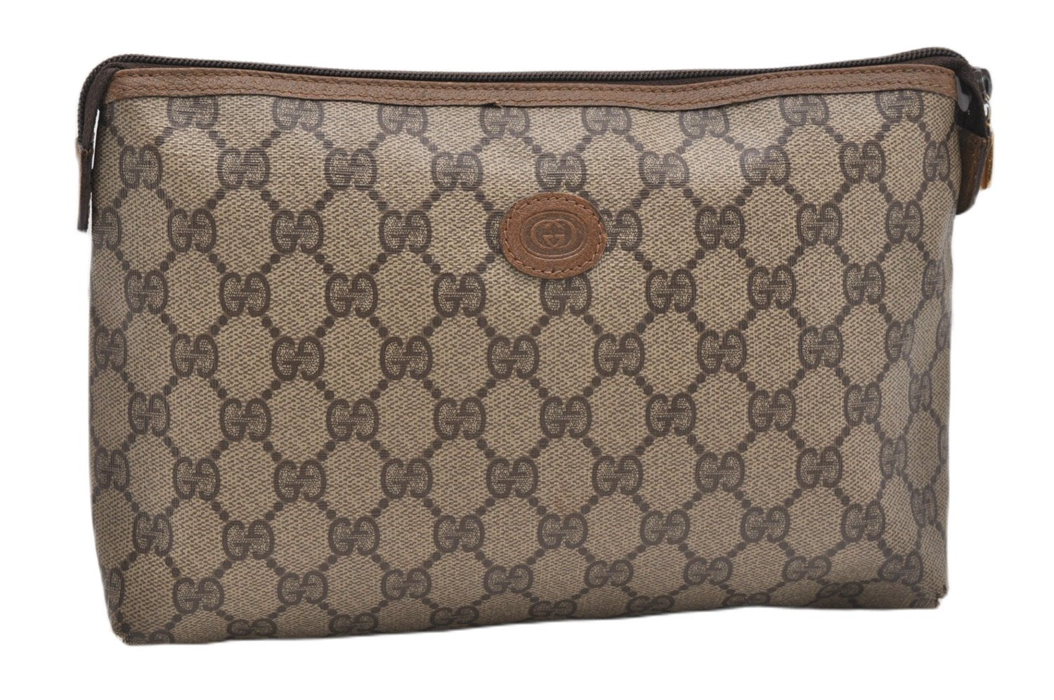 Authentic GUCCI Vintage Clutch Hand Bag Purse GG PVC Leather Brown 0834G