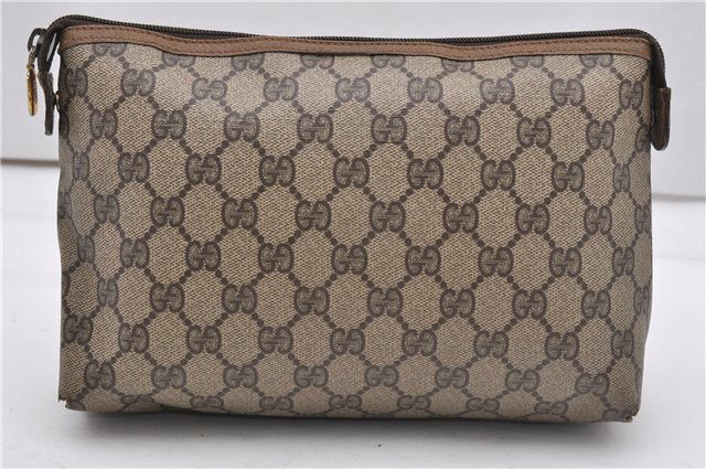 Authentic GUCCI Vintage Clutch Hand Bag Purse GG PVC Leather Brown 0834G