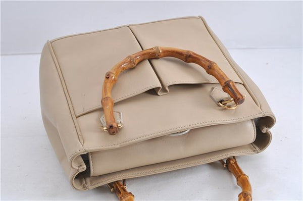 Authentic GUCCI Vintage Bamboo 2way Hand Shoulder Bag Leather Beige 0844D