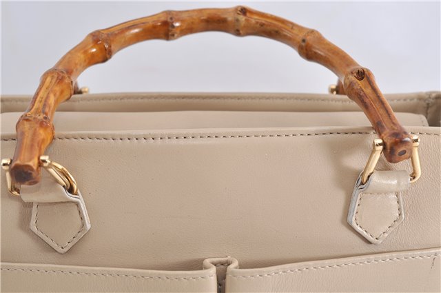 Authentic GUCCI Vintage Bamboo 2way Hand Shoulder Bag Leather Beige 0844D