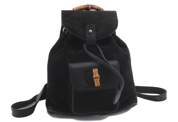 Authentic GUCCI Bamboo Backpack Suede Leather Black 0847D