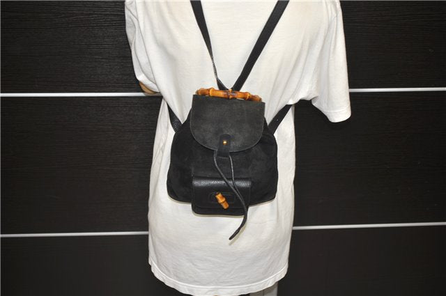 Authentic GUCCI Bamboo Backpack Suede Leather Black 0847D