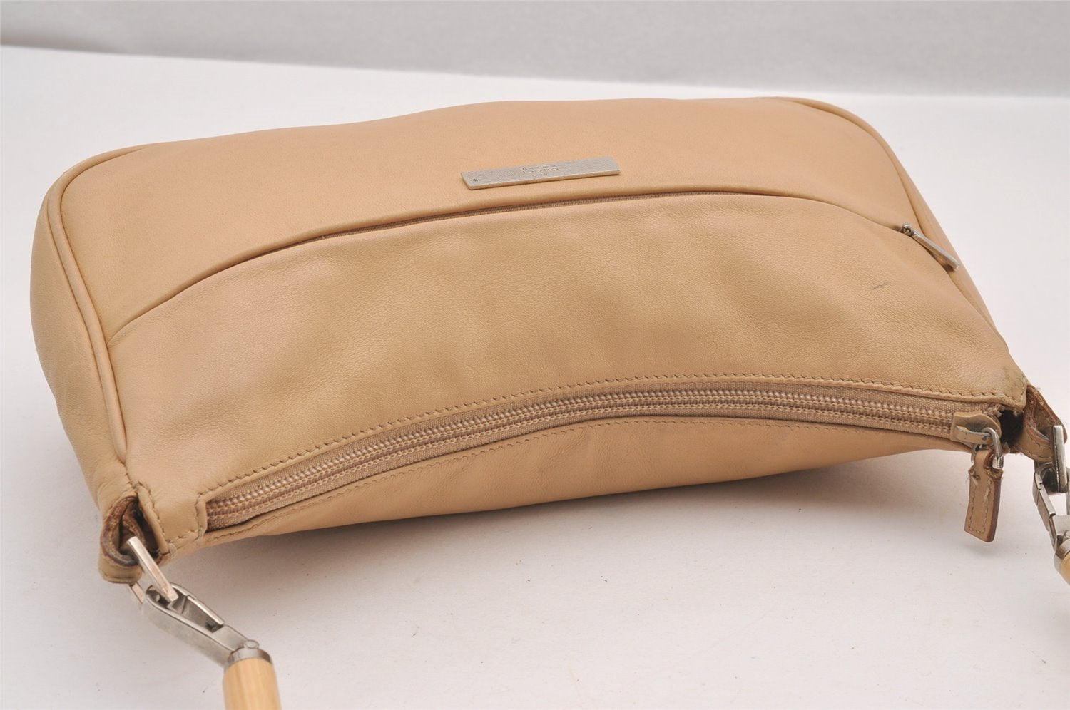 Authentic GUCCI Vintage Bamboo Shoulder Hand Bag Leather 0013865 Beige 0847I