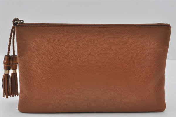 Authentic GUCCI Bamboo Clutch Hand Bag Purse Leather 376858 Brown 0848I