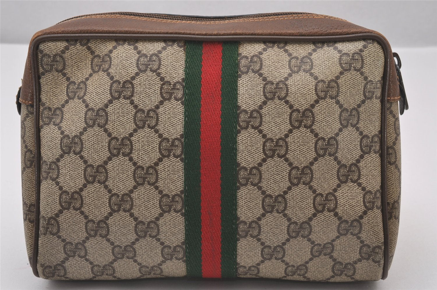 Authentic GUCCI Web Sherry Line Clutch Hand Bag Purse GG PVC Leather Brown 0850I