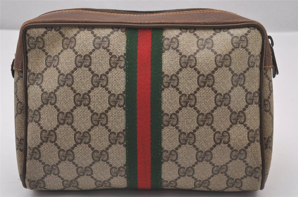Authentic GUCCI Web Sherry Line Clutch Hand Bag Purse GG PVC Leather Brown 0850I