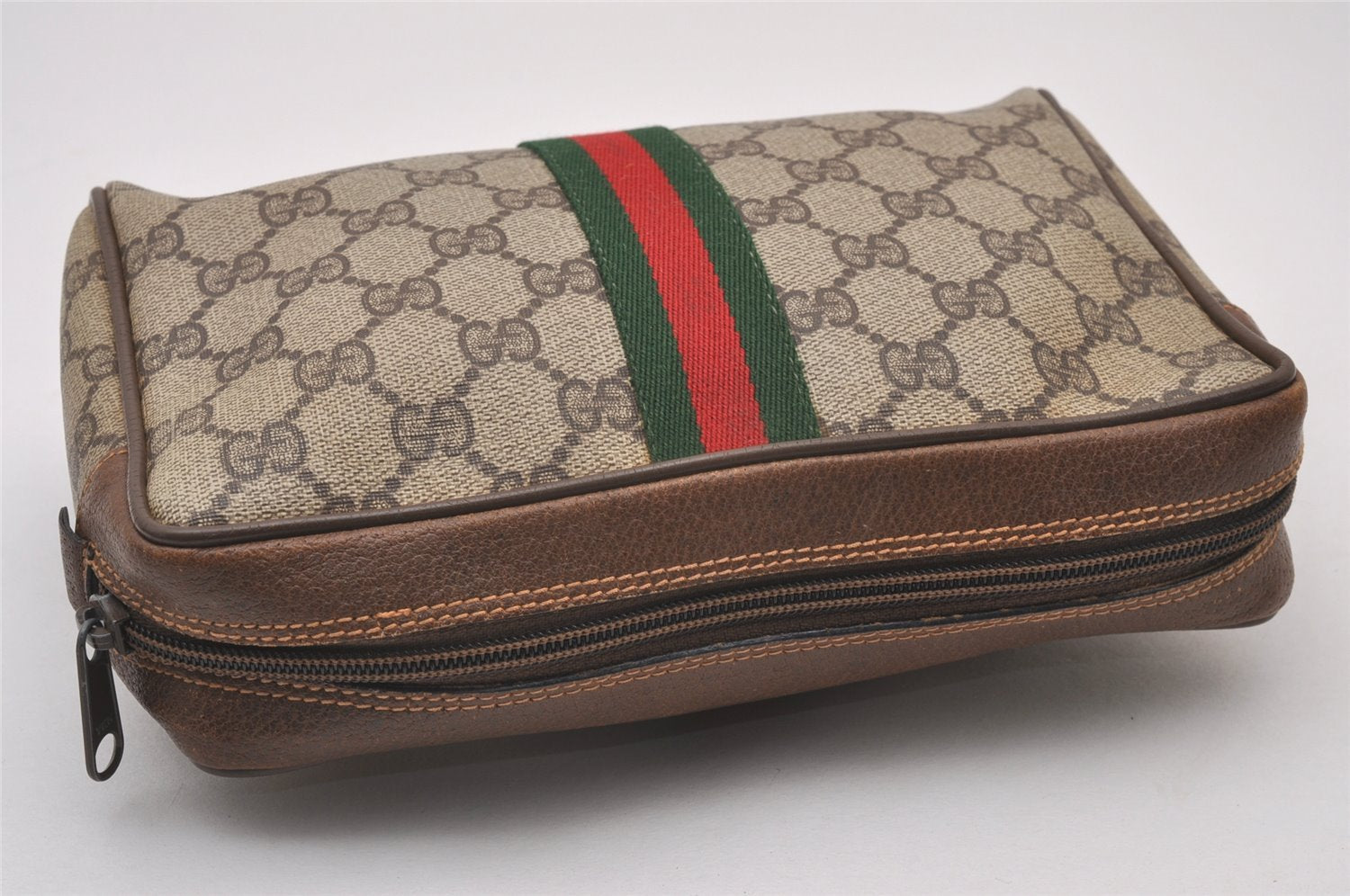 Authentic GUCCI Web Sherry Line Clutch Hand Bag Purse GG PVC Leather Brown 0850I