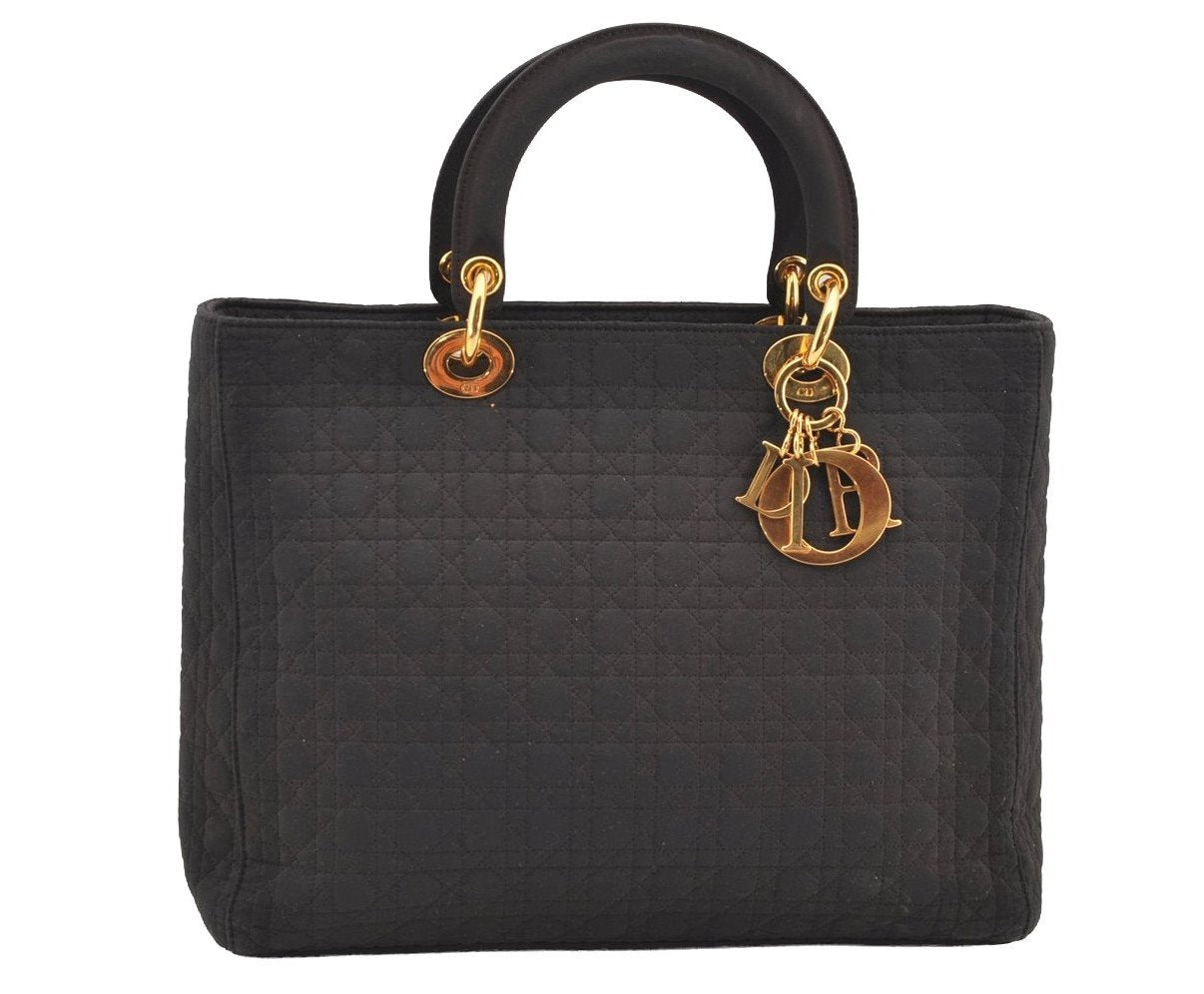 Authentic Christian Dior Lady Dior Cannage Canvas Hand Bag Black CD Junk 0853I