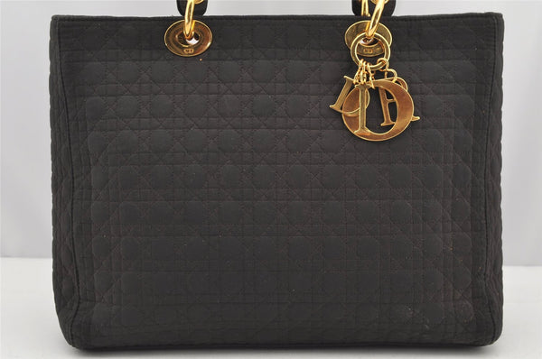 Authentic Christian Dior Lady Dior Cannage Canvas Hand Bag Black CD Junk 0853I
