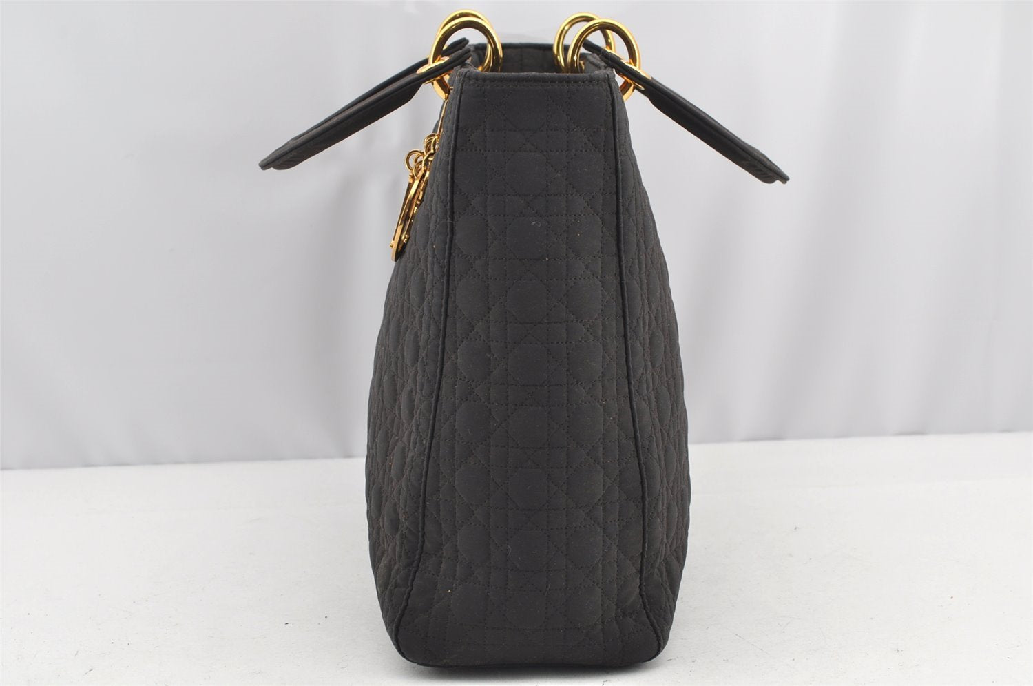 Authentic Christian Dior Lady Dior Cannage Canvas Hand Bag Black CD Junk 0853I
