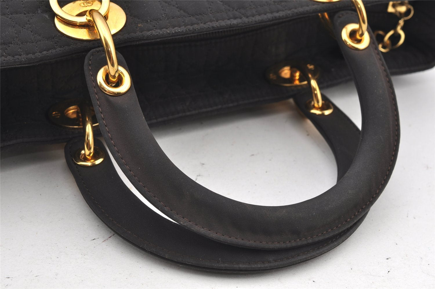 Authentic Christian Dior Lady Dior Cannage Canvas Hand Bag Black CD Junk 0853I
