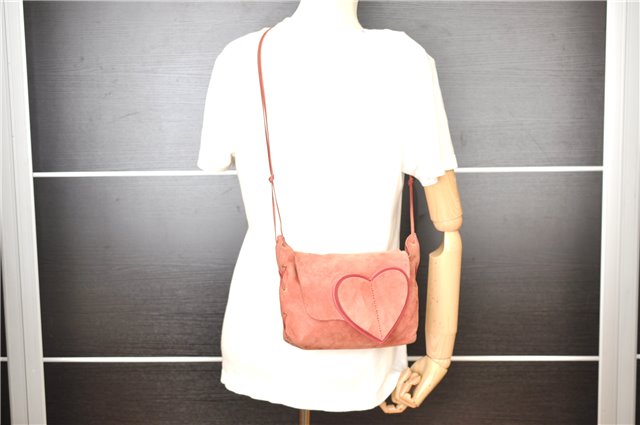 Authentic GUCCI Heart Shoulder Cross Body Bag Suede Leather 95107 Pink 0860G