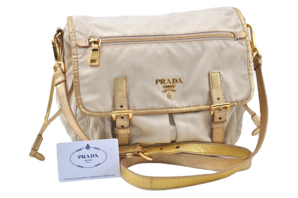 Authentic PRADA Nylon Tessuto Saffiano Leather Shoulder Cross Bag Ivory 0862G