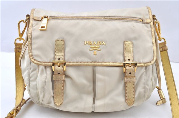 Authentic PRADA Nylon Tessuto Saffiano Leather Shoulder Cross Bag Ivory 0862G