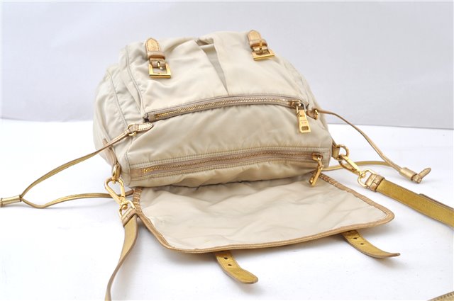 Authentic PRADA Nylon Tessuto Saffiano Leather Shoulder Cross Bag Ivory 0862G