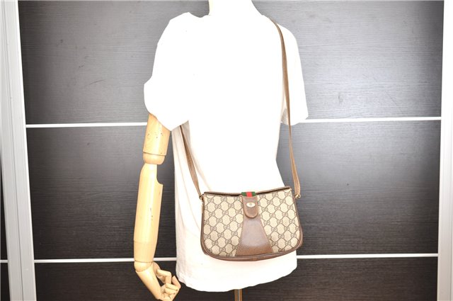 Authentic GUCCI Web Sherry Line Shoulder Cross Bag GG PVC Leather Brown 0866G