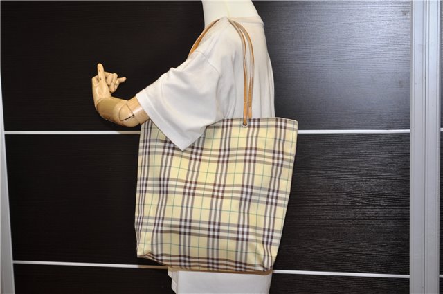 Authentic BURBERRY Check Shoulder Tote Bag Nylon Leather Light Yellow 0870G