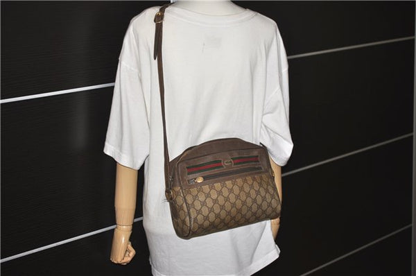 Authentic GUCCI Web Sherry Line Shoulder Bag GG PVC Leather Brown Junk 0878G