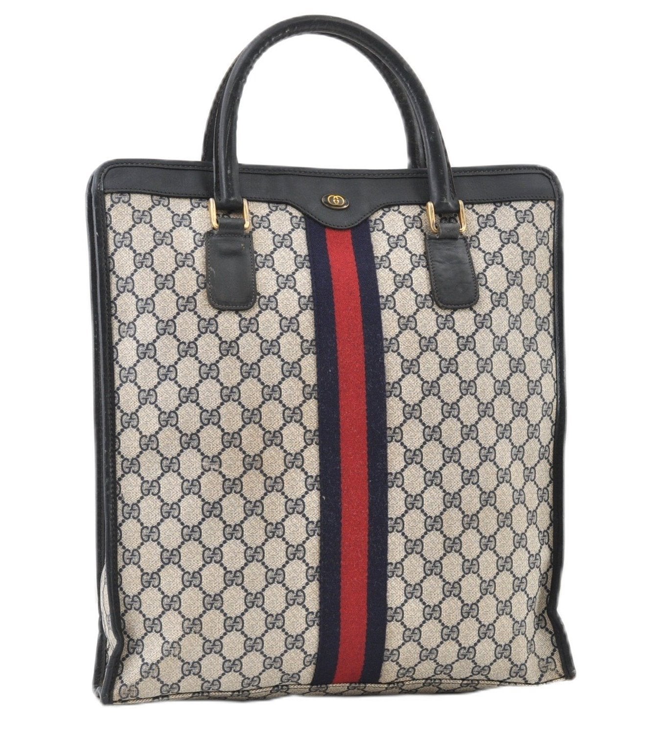 Authentic GUCCI Vintage Sherry Line Tote Hand Bag GG PVC Leather Navy 0880G