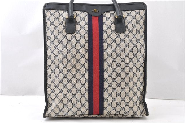 Authentic GUCCI Vintage Sherry Line Tote Hand Bag GG PVC Leather Navy 0880G